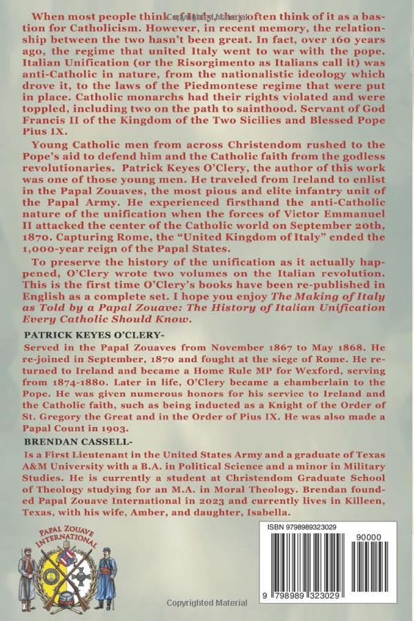 Back cover of a book titled 'The Making of Italian Unification' by Patrick Keyes O'Clery, featuring a white background with multiple paragraphs of black text, a barcode, and a small author portrait at the bottom. Papal Zouaves