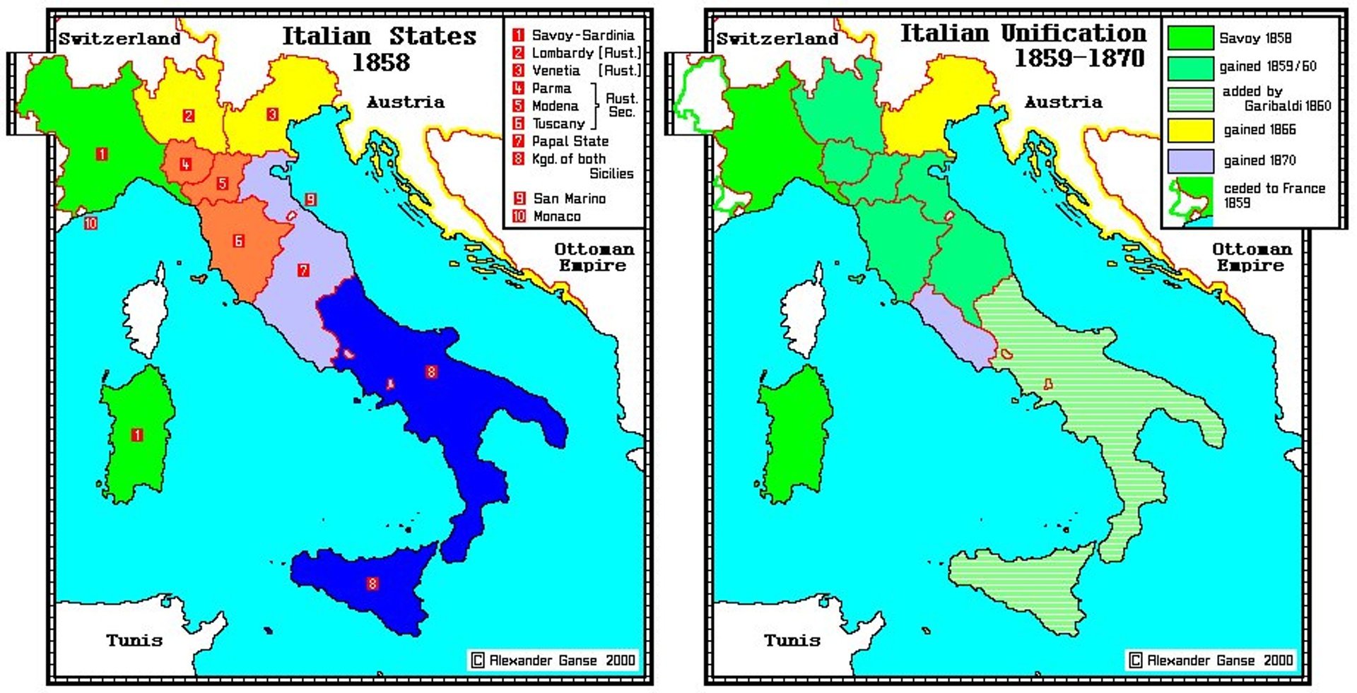 Map of Italy in 1859 showing the divided peninsula before unification