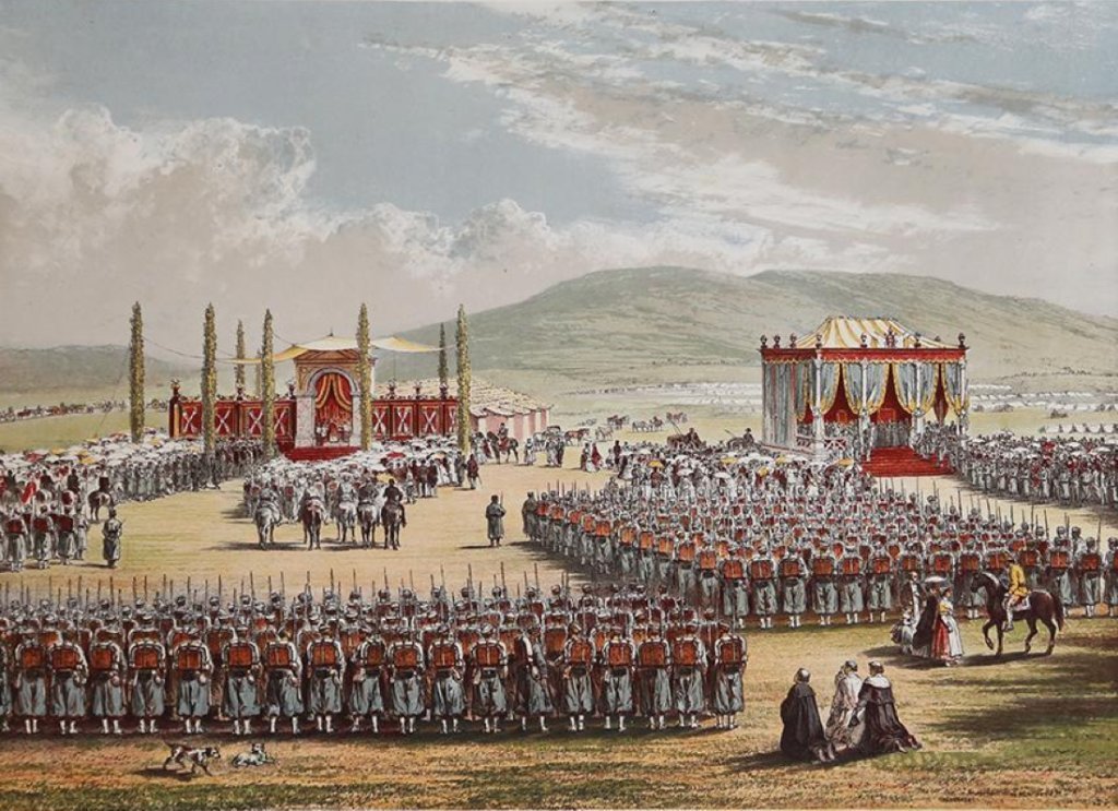 Papal Zouaves lined up in formation at Hannibal Fields
