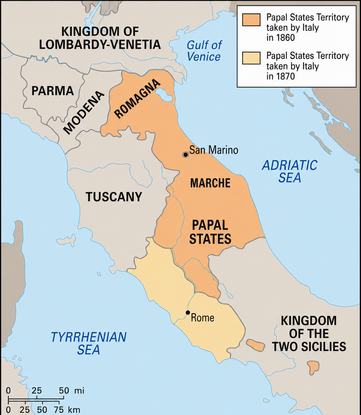 Map of the Papal States after the territorial losses of 1860