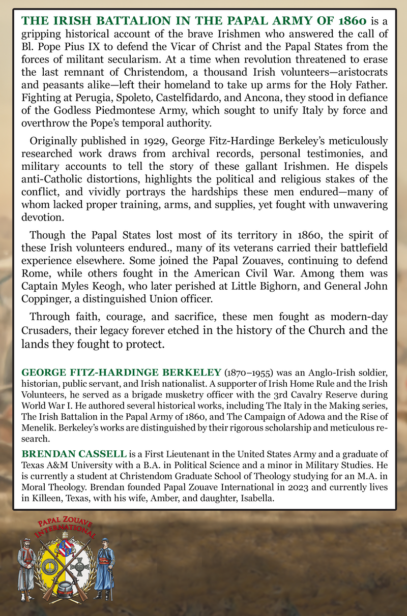 Back Book cover for 'The Irish Battalion in the Papal Army of 1860' by G.F. 